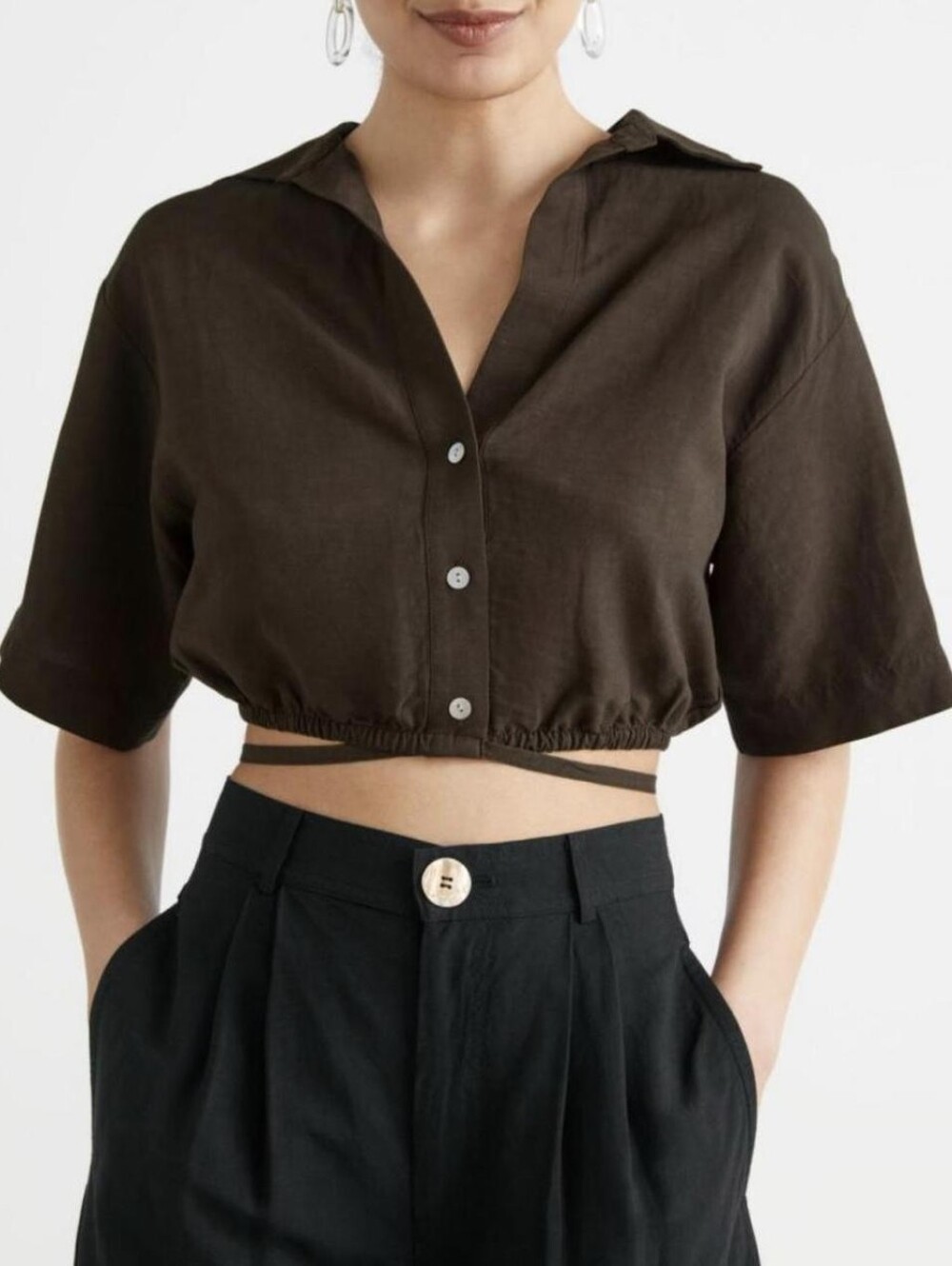 NWT & Other Stories Buttoned Tie Detail Crop Top, Brown, Size 4